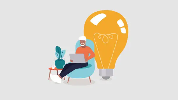 Vector illustration of Vector illustration of a man sitting on a couch with his laptop, in the background we see a light bulb - inspiration and innovation concept