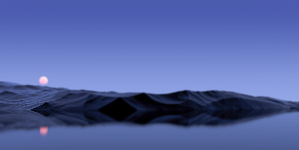 Landscape of mountains with planet at dusk on the horizon of lake,water in blur,wallpaper.3D render