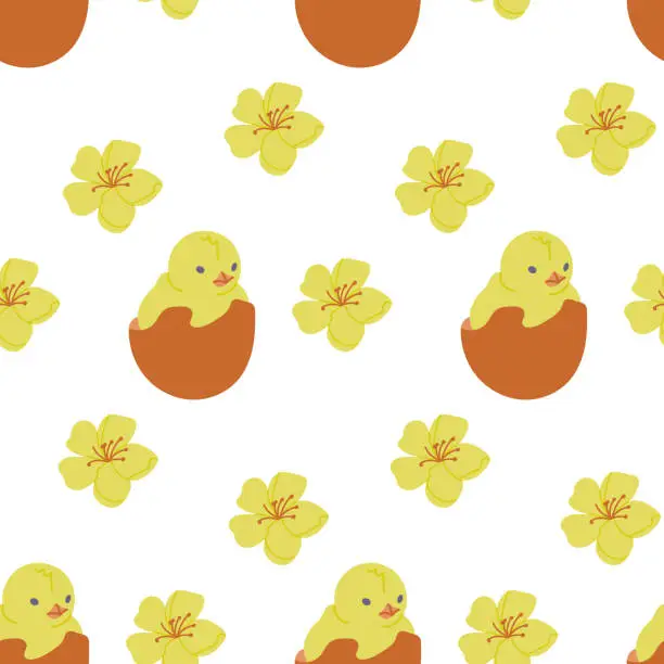 Vector illustration of Easter chick in eggshell seamless pattern