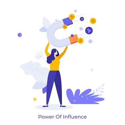 Woman holding magnet attracting people. Concept of power of influence, allure, attraction, authority, drawing public attention, force impact. Modern flat colorful vector illustration for banner, poster.
