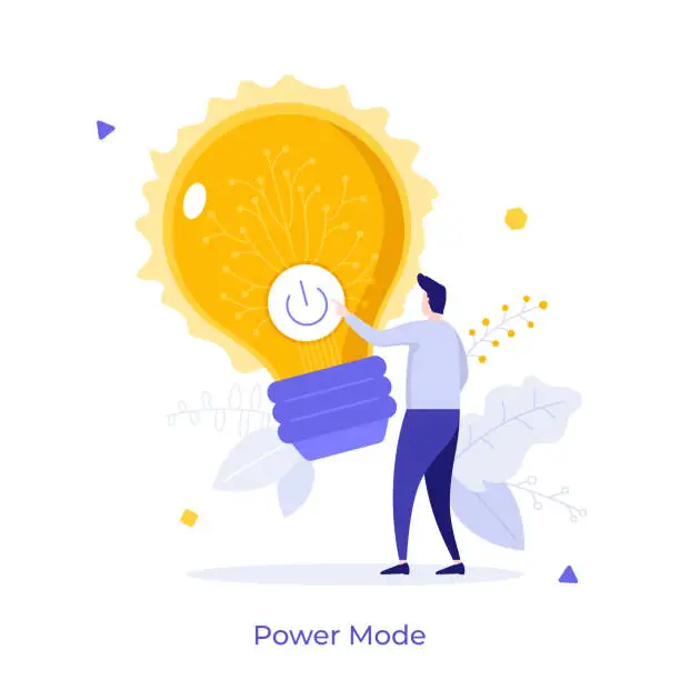 Vector illustration of Man pressing button on glowing lightbulb. Concept of power mode, flow of energy, release of new idea, insight, creation of innovative project. Modern flat vector illustration for banner, poster.