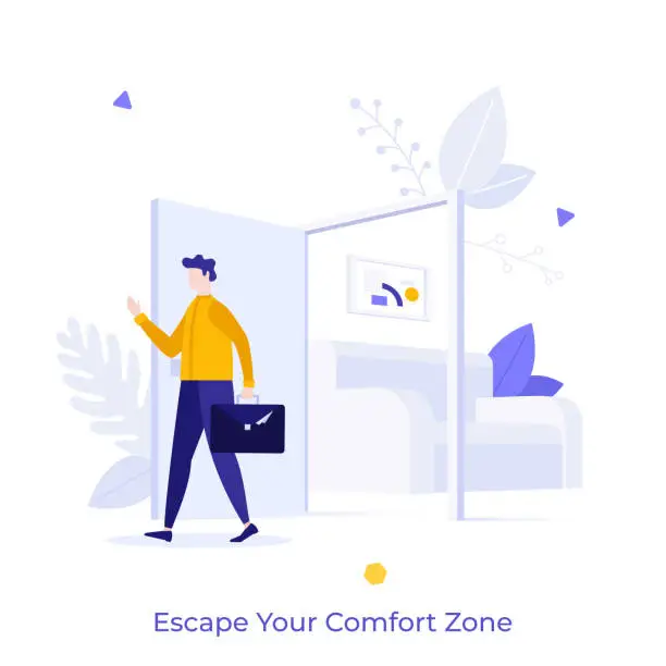Vector illustration of Office worker, entrepreneur or businessman with briefcase walking out open door. Concept of escaping comfort zone, step to success, personal development. Modern flat vector illustration for banner.