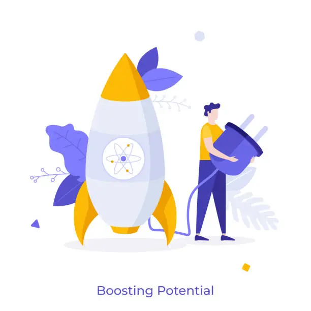 Vector illustration of Person holding plug connected to spacecraft, spaceship or space rocket. Concept of boosting potential, personal development and growth, startup launch. Modern flat vector illustration for banner.