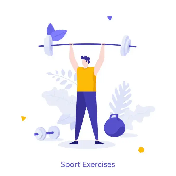 Vector illustration of Athlete or sportsman lifting barbell. Concept of sports exercise, weight training, weightlifting or powerlifting, bodybuilding, active lifestyle. Modern flat vector illustration for banner, poster.