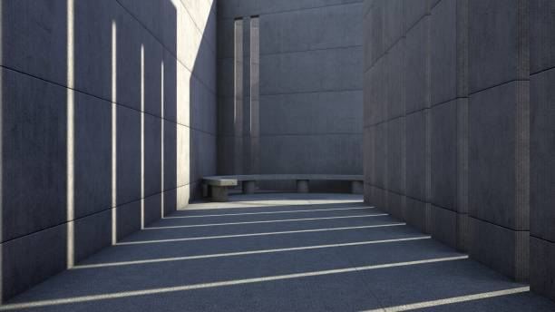 istock BRUTALIST CONCRETE CORRIDOR WITH A CONCRETE BENCH AT THE END. Photorealistic 3D illustration. 2088544217