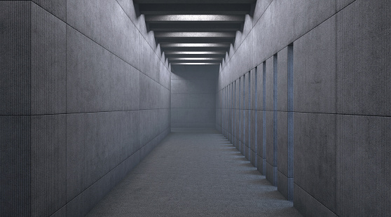 BRUTALIST CONCRETE CORRIDOR LIT BY LIGHT FROM THE CEILING. Photorealistic 3D illustration.