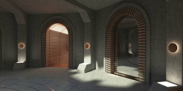 Architecture in the brutalist style. Concrete hall with an arched mirror and a corridor arch. Photorealistic 3D illustration.