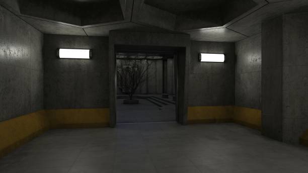 istock A concrete corridor with a gate leading into a dark hall. Gloomy interior in brutalist style. Photorealistic 3D illustration. 2088545809