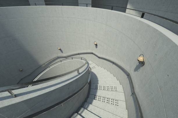 ilustração 3d de uma escadaria estilo brutalista. degraus e paredes de concreto cinza são iluminados por luz suave, criando um ambiente misterioso. - basement staircase old steps - fotografias e filmes do acervo