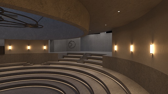 3D illustration of an auditorium in Brutalist style. The raw concrete structure features curved seating, ambient lighting, and a minimalist design ethos.