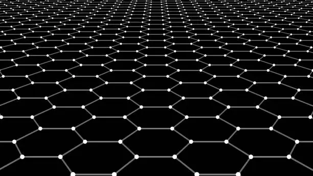 Vector illustration of Vector perspective grid of hexagons. Detailed lines and dots on black background.