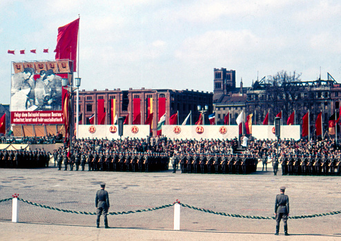 Military parade of the National People's Army of the German Democratic Republic on May 1, 1959 on Marx-Engels-Platz in East Berlin - GDR.