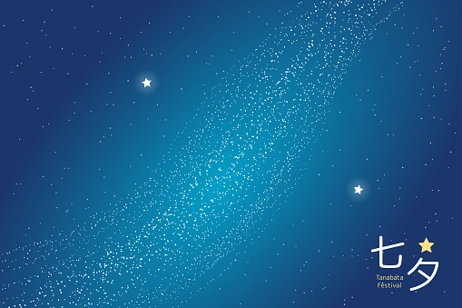 Tanabata Festival night sky with Milky Way, stars Vega, Altair, Japanese text Tanabata, Chinese Qixi. Hand drawn vector illustration. Flat style design. Traditional holiday banner, background concept