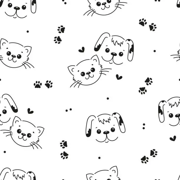 Vector illustration of Cute Dogs and Cats Seamless Pattern. Black and White Pattern of Line Art Cat and Dog Faces for baby design. Vector illustration