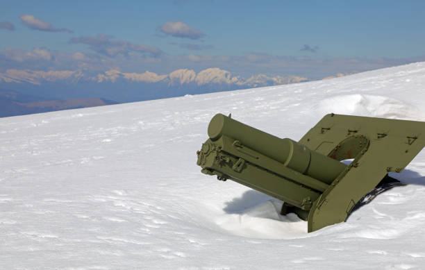 cannon from the First World War completely submerged by snow in winter