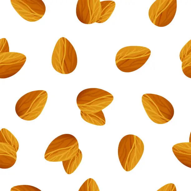 Vector illustration of Realistic cartoon seamless pattern with roasted almond seeds. Colorful vector package illustration. Simple print isolated on white background.