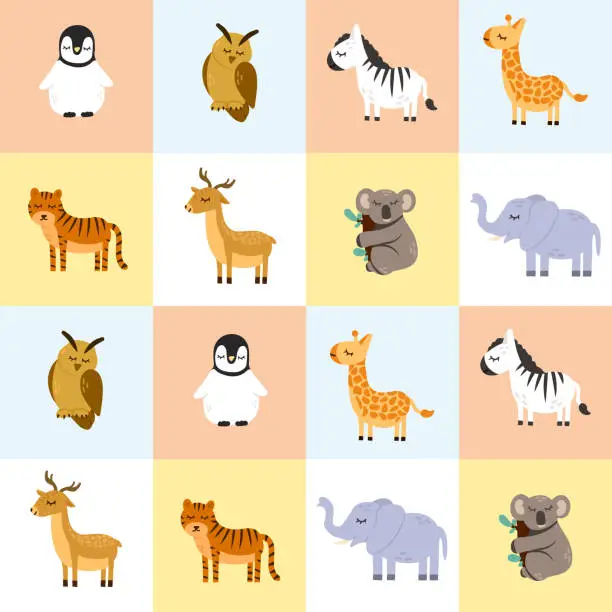 Vector illustration of Cute seamless pattern with wild african animals. Doodle hand drawn childish characters. Nursery fabric print template or baby room vector poster, wallpaper design.