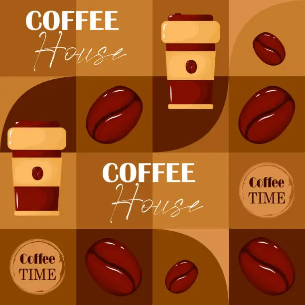 Vector illustration of Coffee seamless pattern. Kitchen tablecloth fabric print template. Vector illustration with coffee bean and cup.