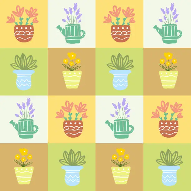 Vector illustration of Doodle seamless pattern with houseplant flowers. Simple hand drawn square tile design. Gardening fabric print template.