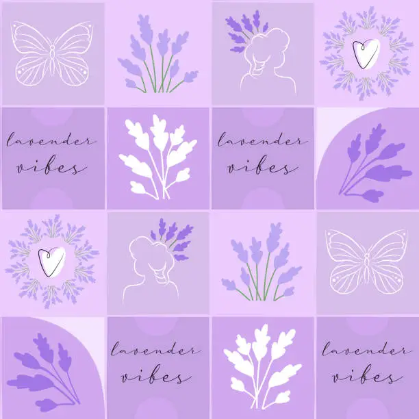 Vector illustration of Doodle seamless pattern with violet lavender flowers. Simple hand drawn kitchen tablecloth square tile design. Gardening fabric print template.