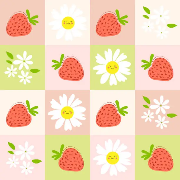 Vector illustration of Seamless pattern with red strawberry fruits and flower blooming. Springtime fabric print template. Kitchen tablecloth design.