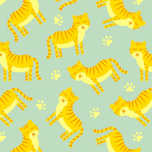 Vector illustration of Animal cartoon seamless pattern with tiger. Colorful vector wild cat illustration. Simple animal safari print isolated on white background.