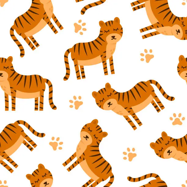 Vector illustration of Animal cartoon seamless pattern with tiger. Colorful vector wild cat illustration. Simple animal safari print isolated on white background.