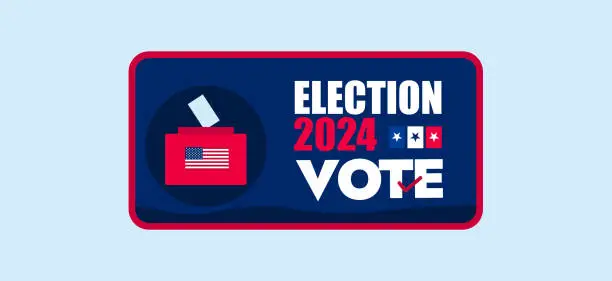 Vector illustration of USA Presidential Election 2024. Importance of casting vote banner with logo, label, stamp, badge, design with ballot box and vote slip in USA flag colors. 5 November Elections 2024 conceptual banner design. Vector stock illustration