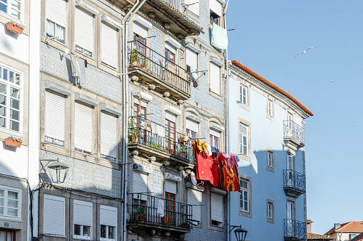 Porto, Portugal - October 23, 2020: architecture detail of typical houses in the historic city center on a fall day