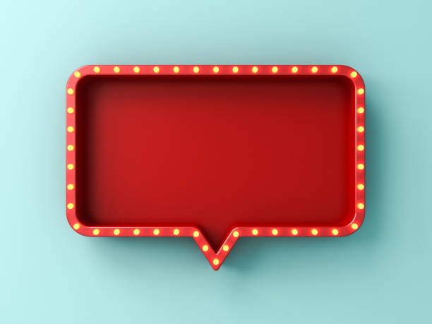 istock Blank red rounded rectangle speech bubble signboard with retro neon light bulbs isolated on light blue pastel color or cyan wall background with shadow 3D rendering 2088684061
