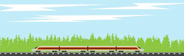 Vector illustration of Modern Train on Rails Driving through Forest