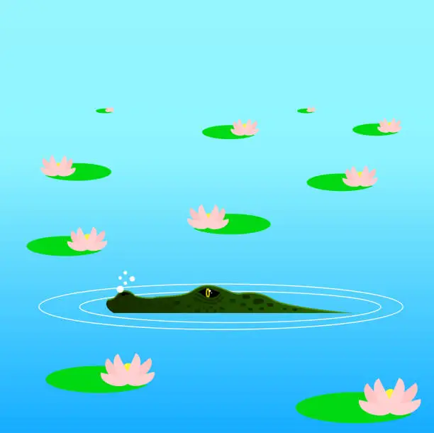 Vector illustration of Crocodile Hiding in the Ambush in the Water Among Lilies