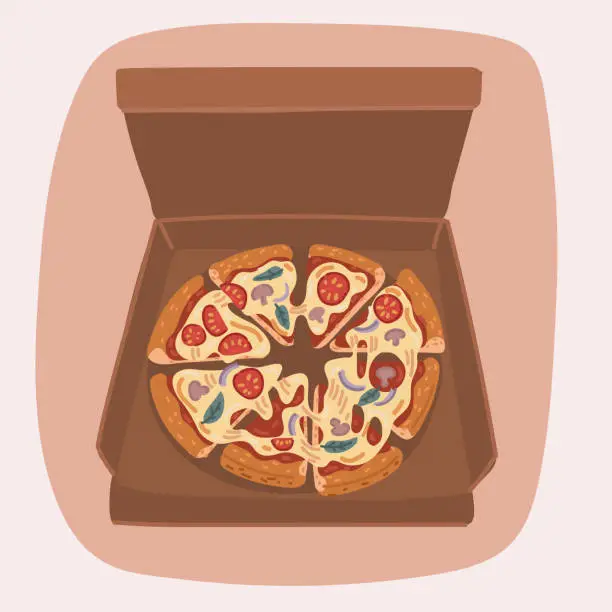 Vector illustration of Vector illustration of Fresh pizza with tomato, cheese, olive, sausage, onion, basil. Traditional italian fast food. Top view meal