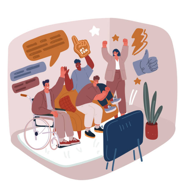 vector illustration of inclusive football fans watch sport show on tv. man and woman. character in wheelchar. people get together. - friends television show illustrations stock illustrations