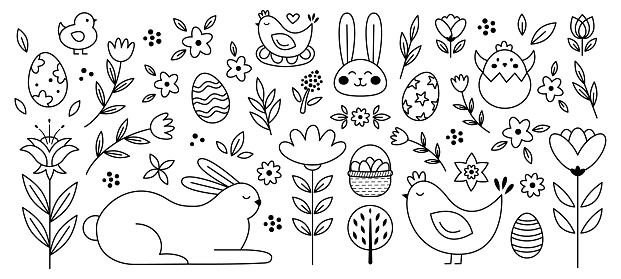 Easter symbol doodle style black line of big set. Collection bunny, flowers, eggs, chiks in children drawing style. Childish coloring. Vector illustration with editable stroke