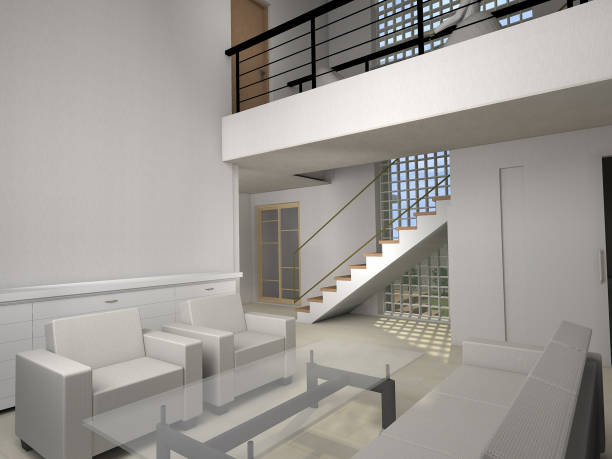 Modern living room in a large house with a staircase
