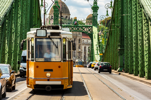 Chain bridge with tram in Budapest