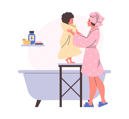 Vector illustration of woman using towel to wrap her child after bath by bathtub. Tender family moment, highlighting motherhood and home care in bathroom interior.