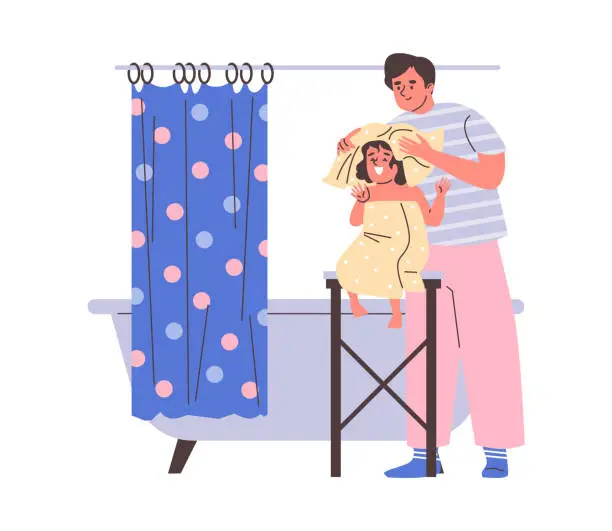 Vector illustration of Vector illustration of father drying his cheerful daughter with towel beside bathtub