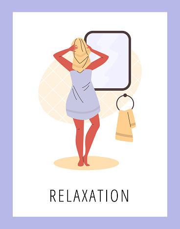 Woman with towel on head stands in front of mirror in vector illustration. Her bathrobe and relaxed pose evoke sense of cleanliness and self-care. Poster with text 'Relaxation'.