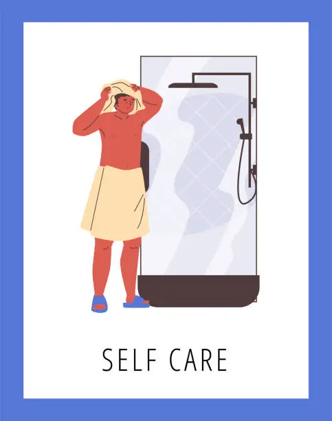 Vector illustration of Vector illustration of man drying hair with towel in front of shower, with text 'Self care'