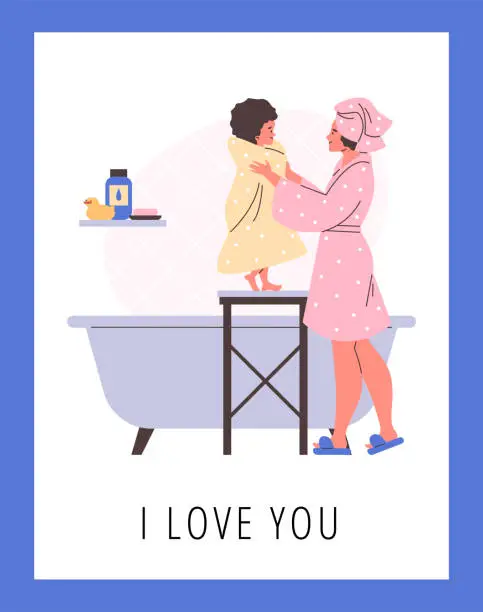 Vector illustration of Happy mother and baby in a towel after bathing in bath, cartoon family after hygiene procedure, I love you vector poster