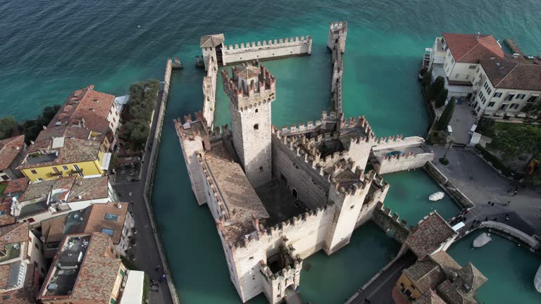 Aerial video footage of the castle of Sirmione Brescia Italy