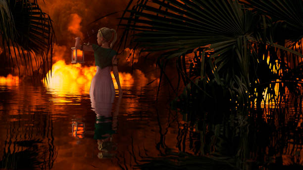 A woman elf in the enchanted jungle holding a lantern - 3D rendering
