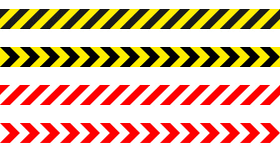 Barricade tape caution warning stripes - set of red white and black yellow diagonal striped tape, vector repeatable seamless illustration