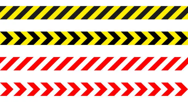 Vector illustration of Barricade tape caution warning stripes - red white and black yellow diagonal striped repeatable seamless illustration