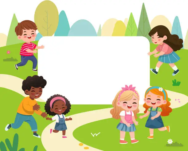 Vector illustration of Banner template design with children of different nationalities. Vector illustration