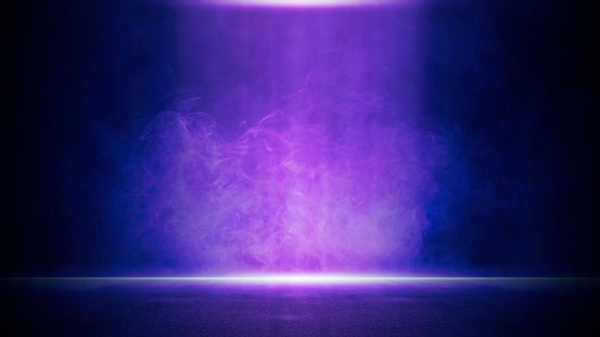 Dark scene colorful lights concert stage blue and purple background, fog in darkness, smoke mist, neon spotlights, night view, Abstract Halloween backdrop, stage shows, street floor studio room
