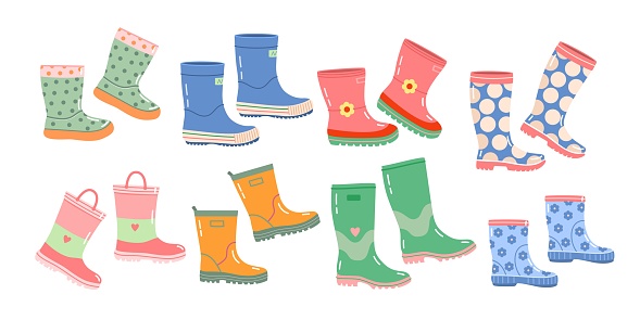 Set of rubber children's, adult women's, men's shoes with insulation of different models, shapes and colors. Cute vector rubber high and low garden boots on white isolated background in cartoon style.