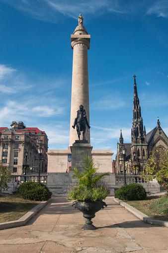 The historic La Fayette Statue near the washington Monument in the Mount Vernon district of Baltimore Maryland.